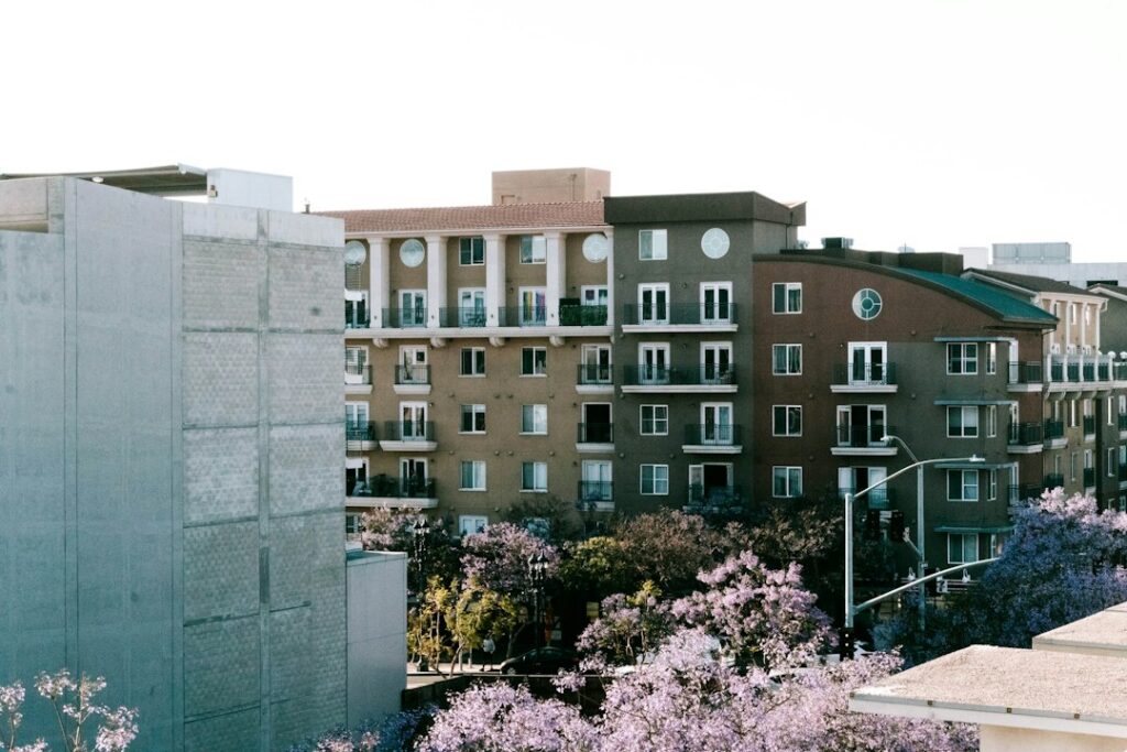 City skyline with many tall apartment and office buildings