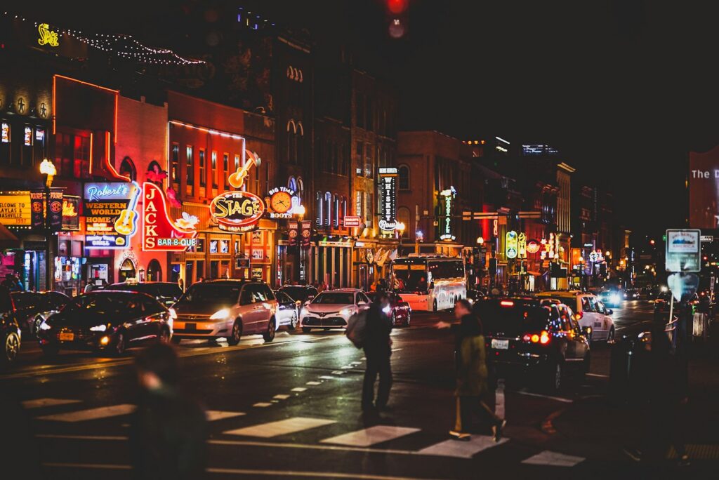 Broadway in downtown Nashville with traffic and storefronts