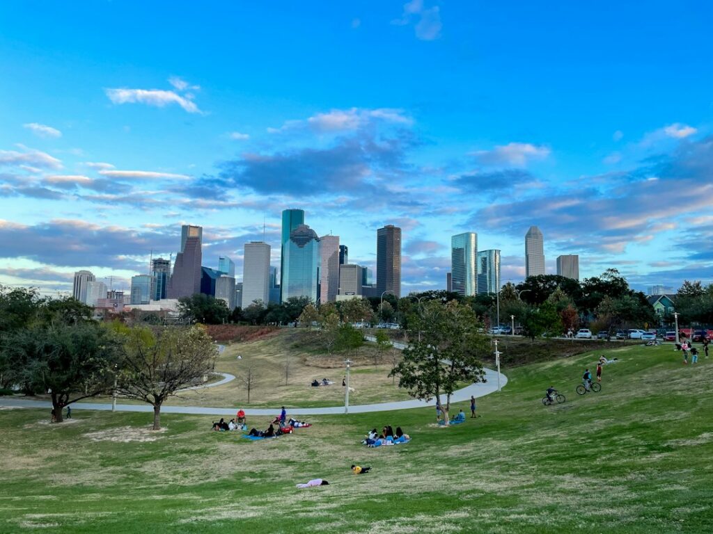 Buffalo Bayou Park with the Houston skyline