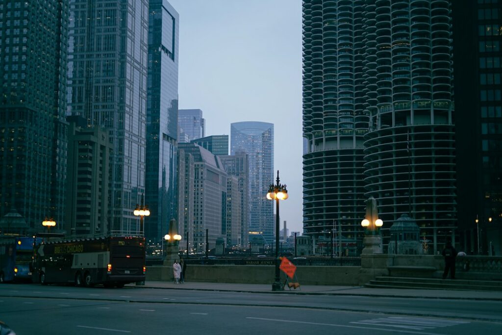 People walking along the Chicago River downtown