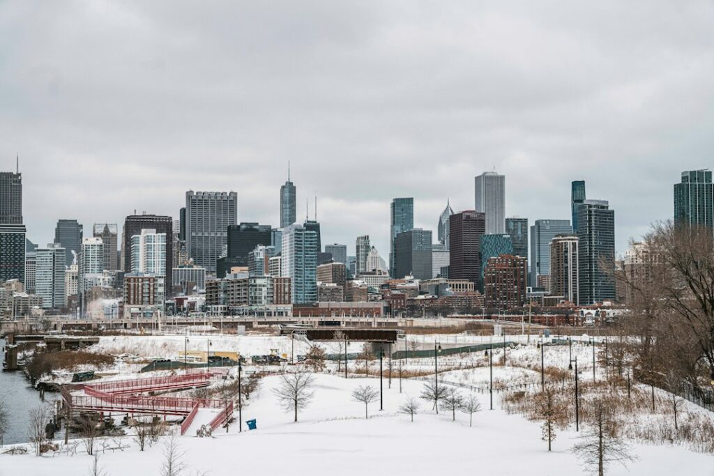 Chicago covered in snow in winter