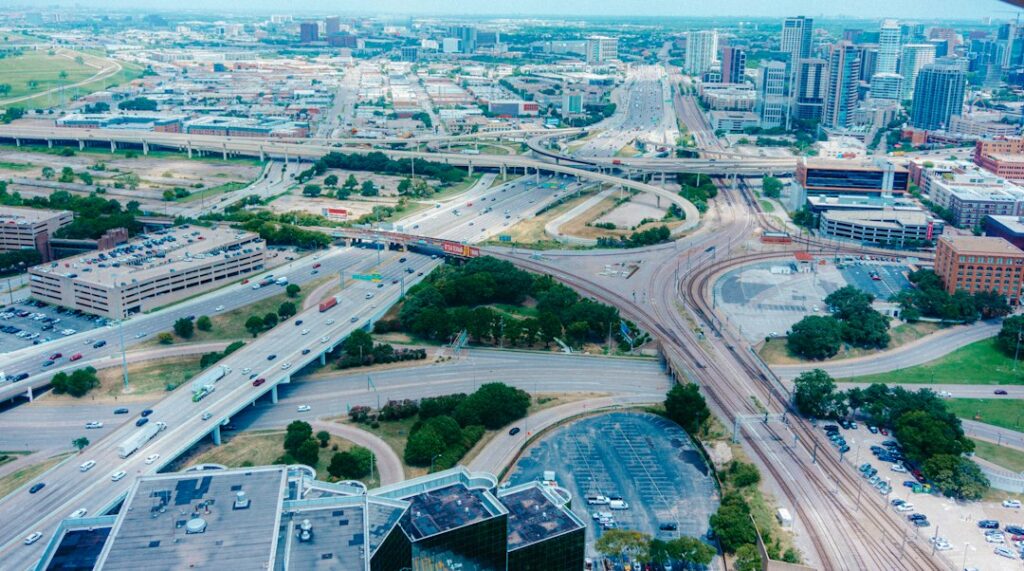 Aerial view of a busy highway interchange