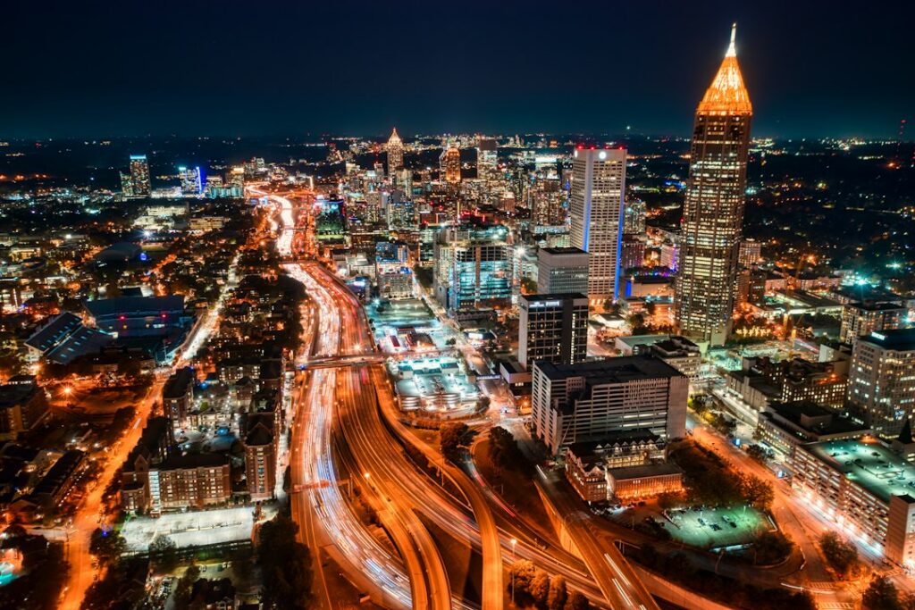 Downtown Atlanta lit up at night