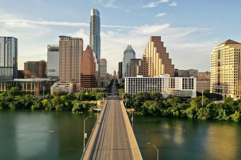 Downtown Austin skyline with the Texas State Capitol, seen from the South Congress Avenue bridge