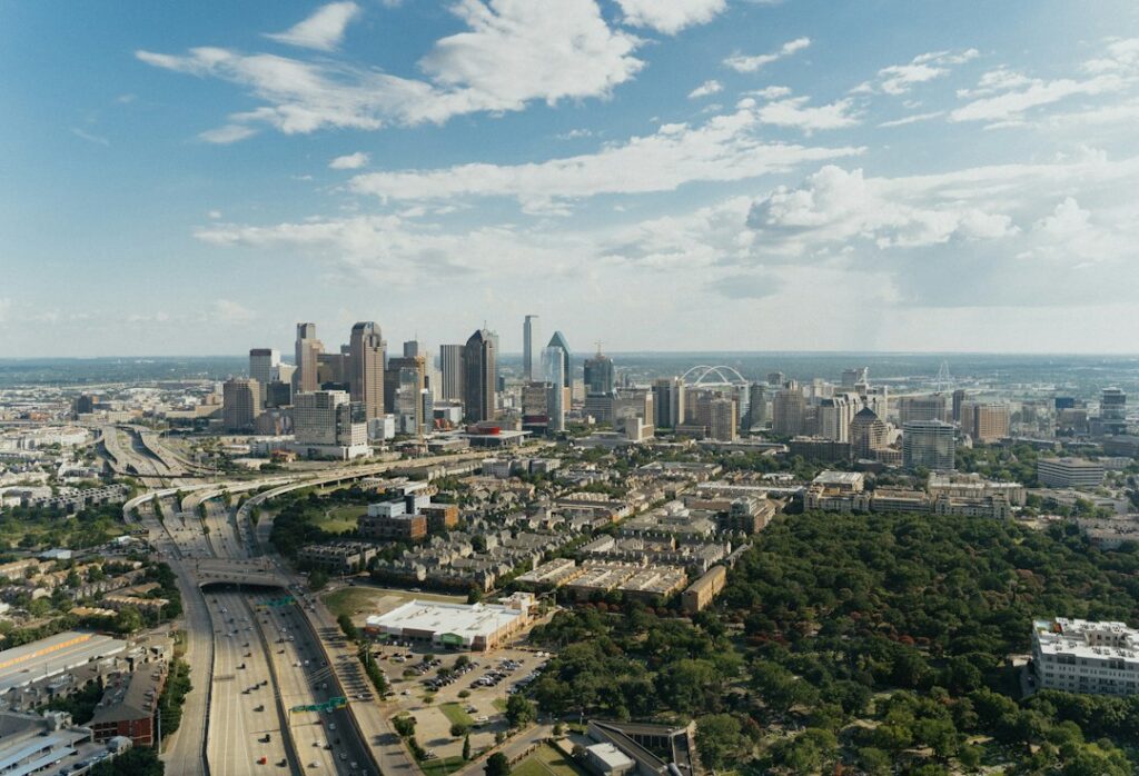 Aerial view of downtown Dallas office towers