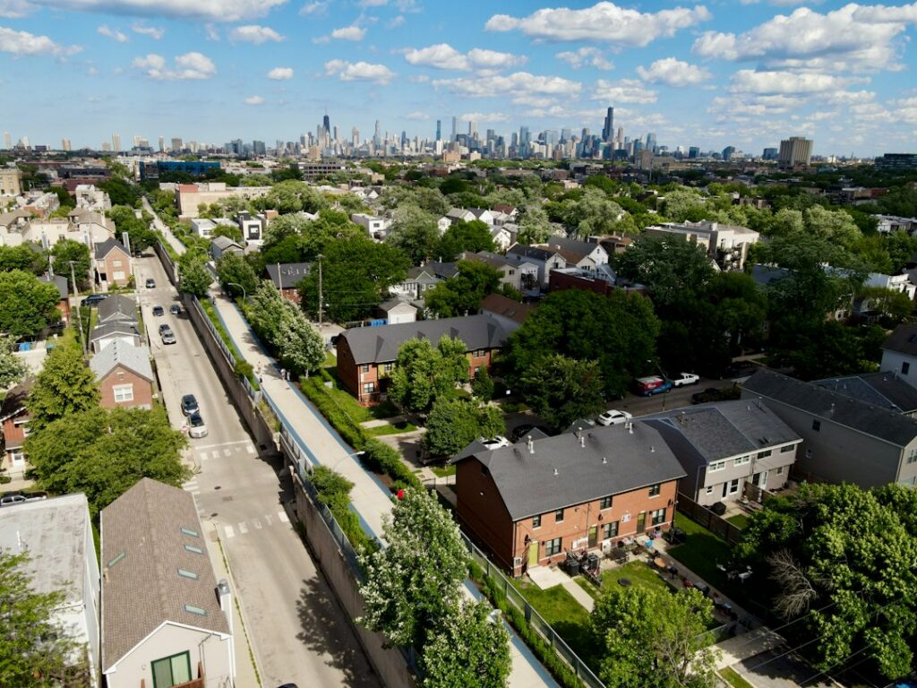 View of downtown Chicago from the 606 trail in Logan Square