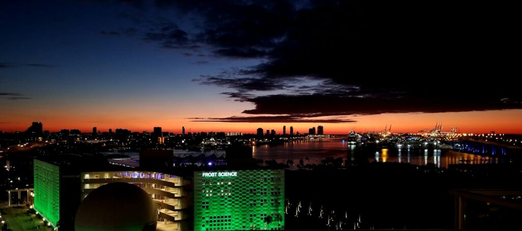 Aerial view of Miami lit up at night