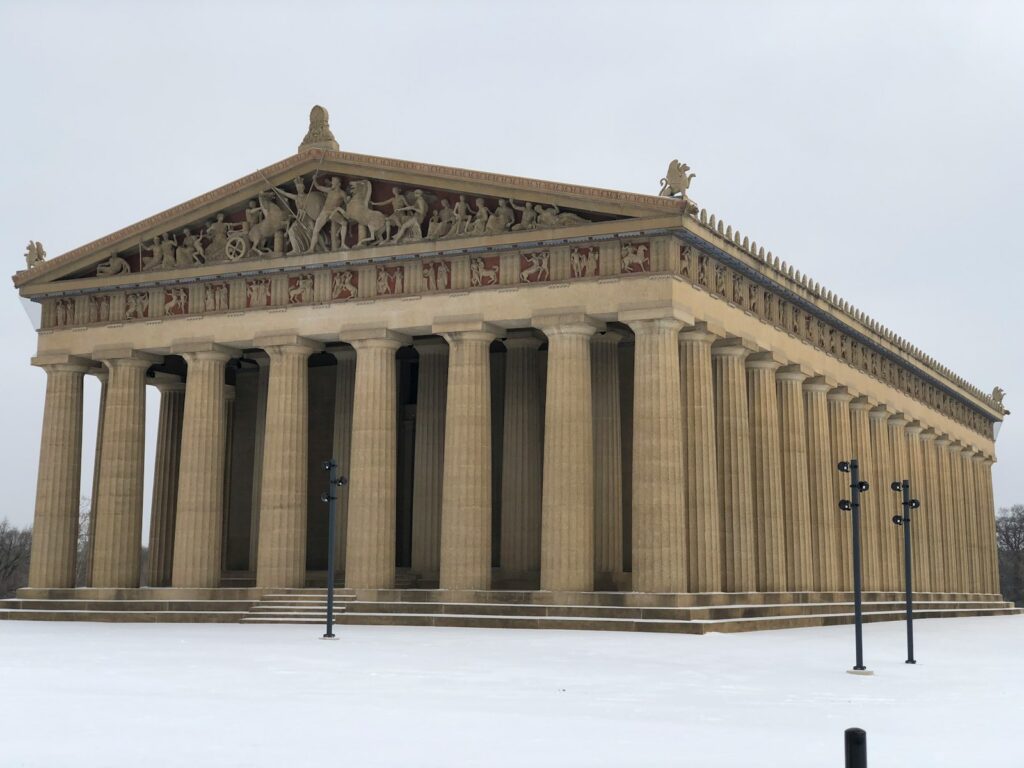 The Parthenon in Nashville's Centennial Park after a snowfall