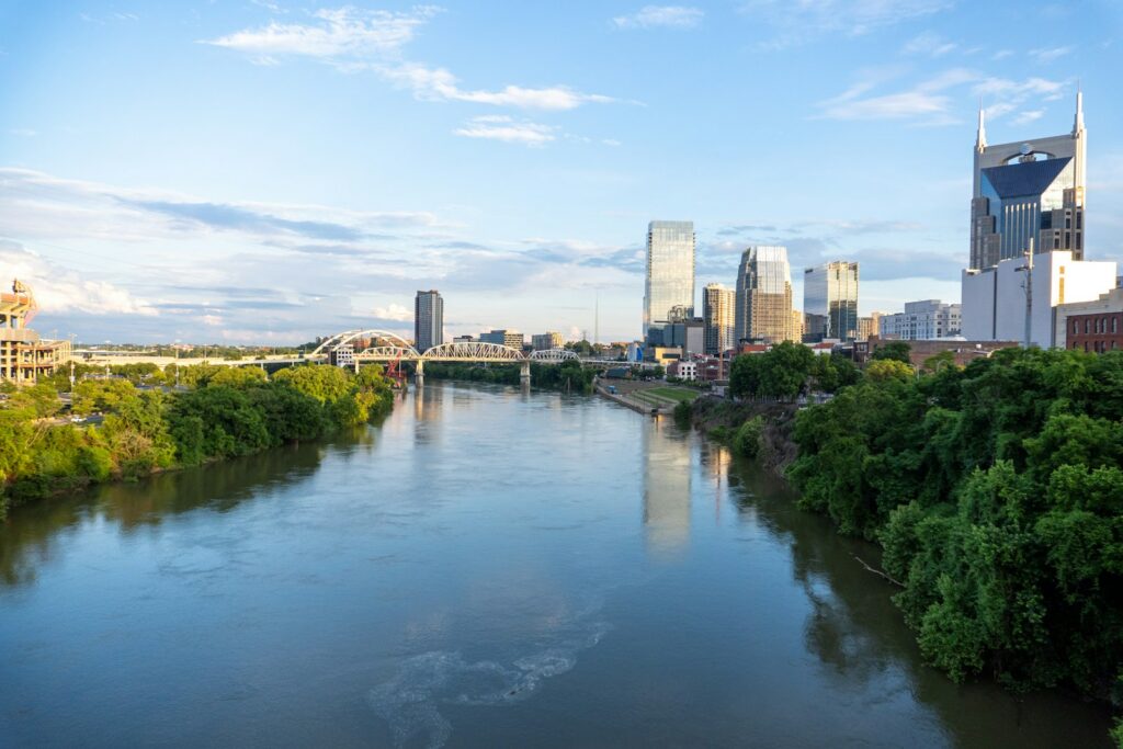 Downtown Nashville skyline reflected in the Cumberland River