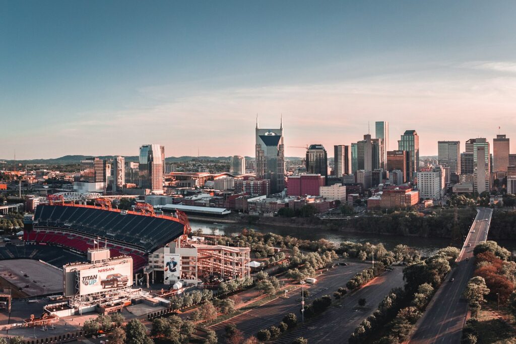 Downtown Nashville skyline at sunset