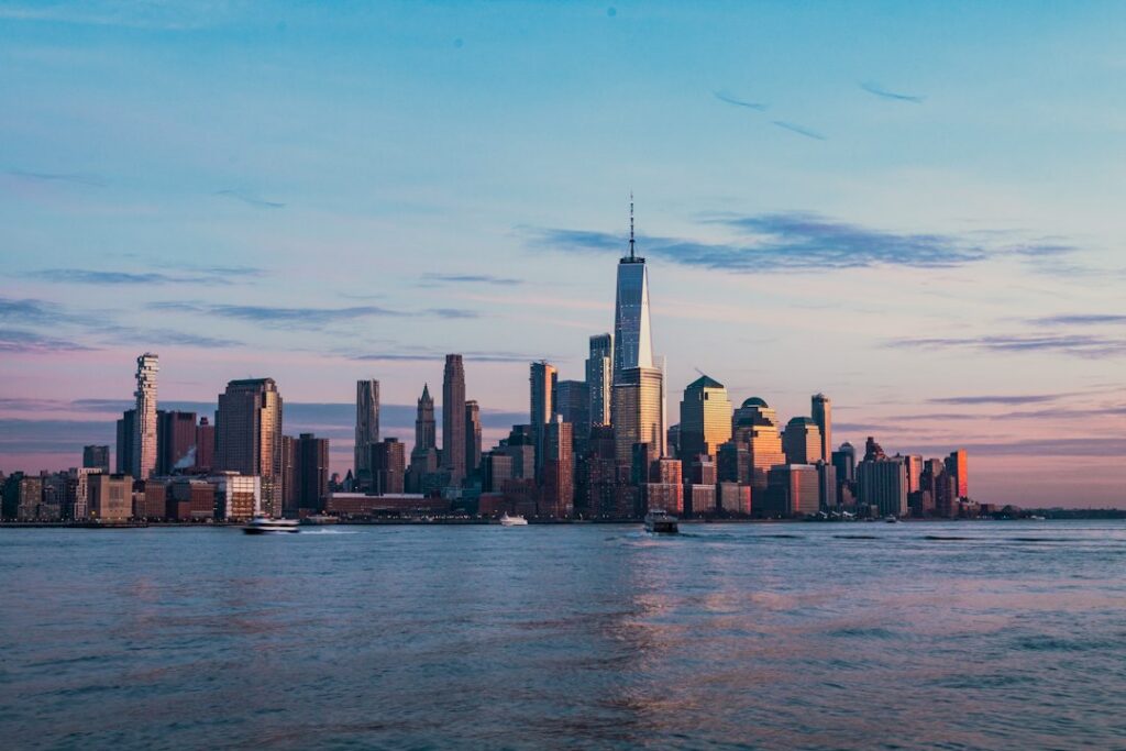 New York City skyline at sunset seen across the Hudson River