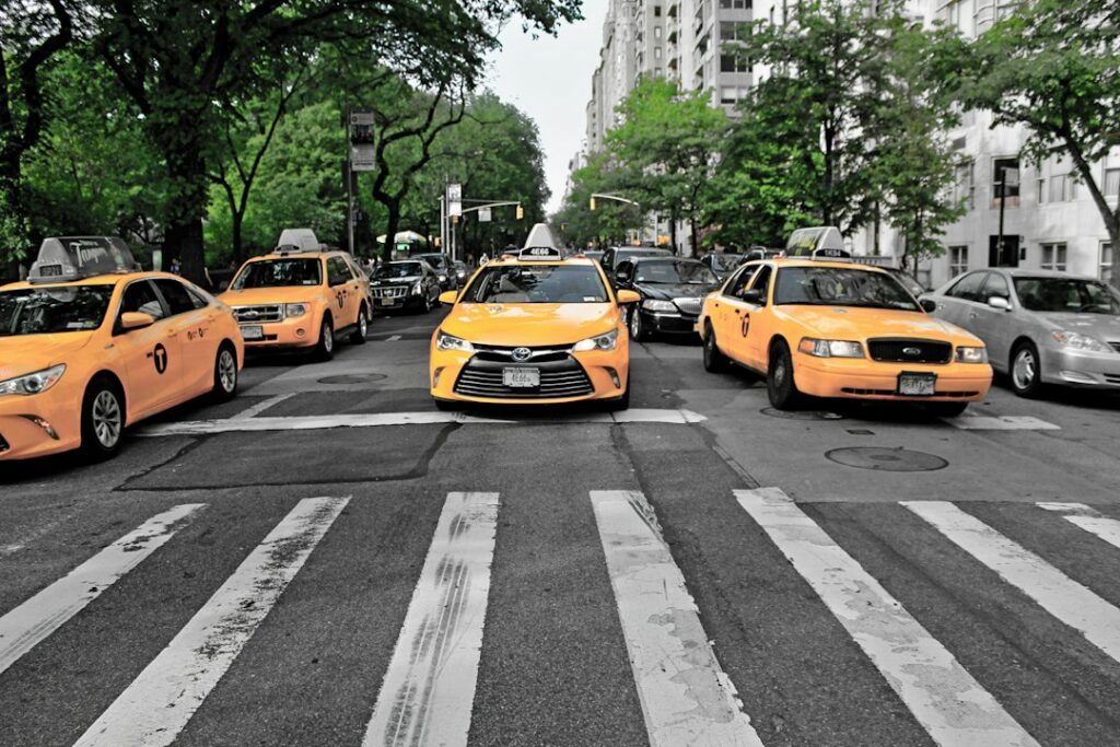 Yellow taxis lined up on a New York City street