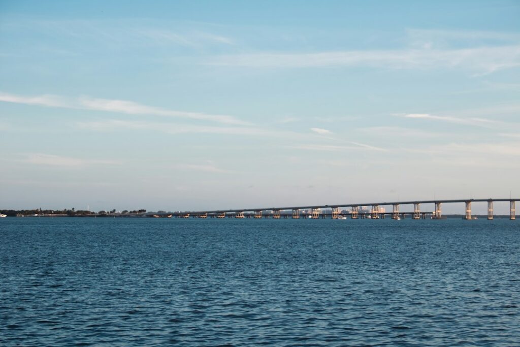 Rickenbacker Causeway crossing Biscayne Bay with the Miami skyline behind
