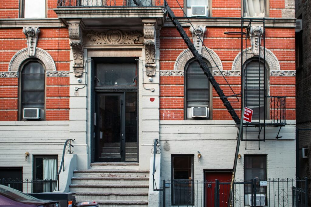 Red brick building on a street in Williamsburg, Brooklyn